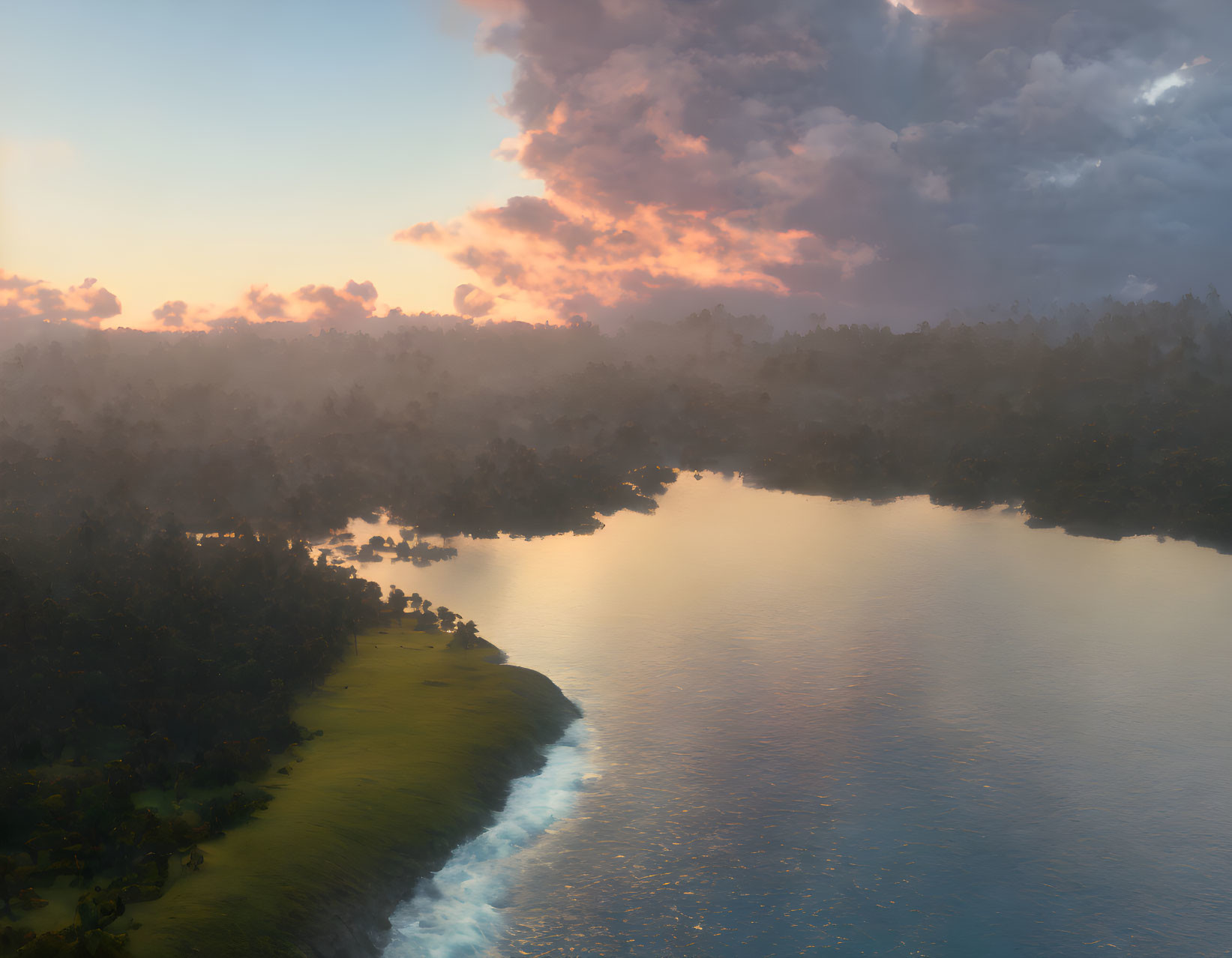 Tranquil river at sunrise with misty forests and gentle waves