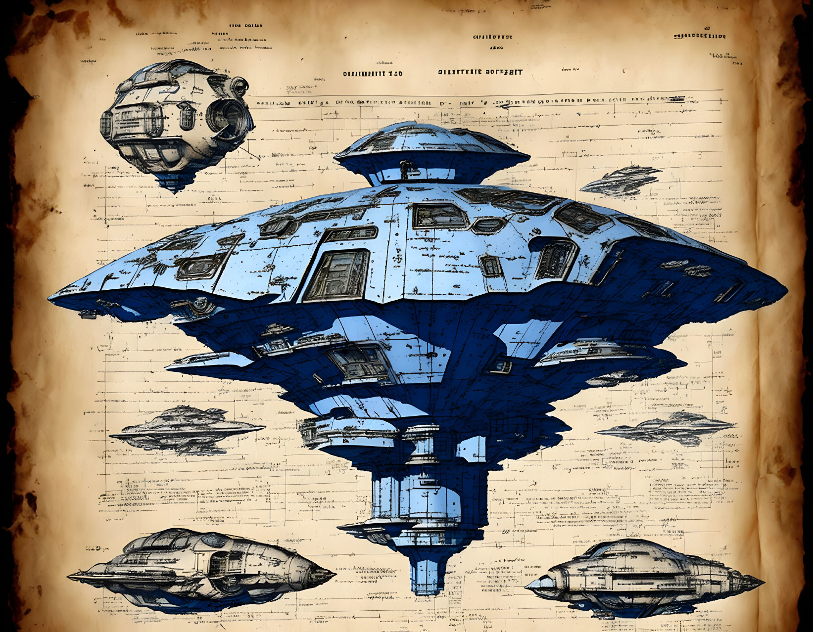 Vintage-style Blueprints of Futuristic Spacecraft on Aged Paper Background