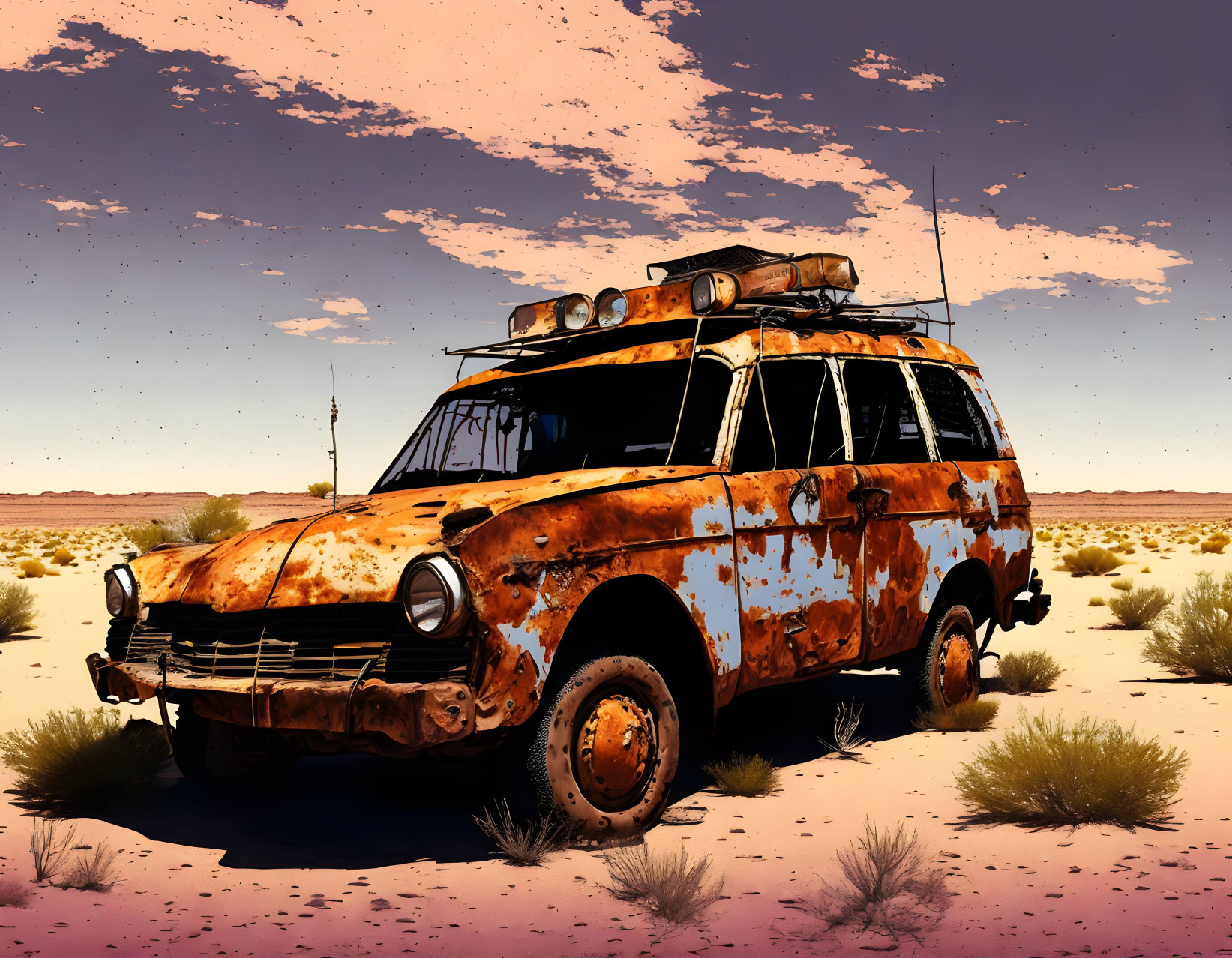 Abandoned rusty vehicle with roof rack in barren desert landscape