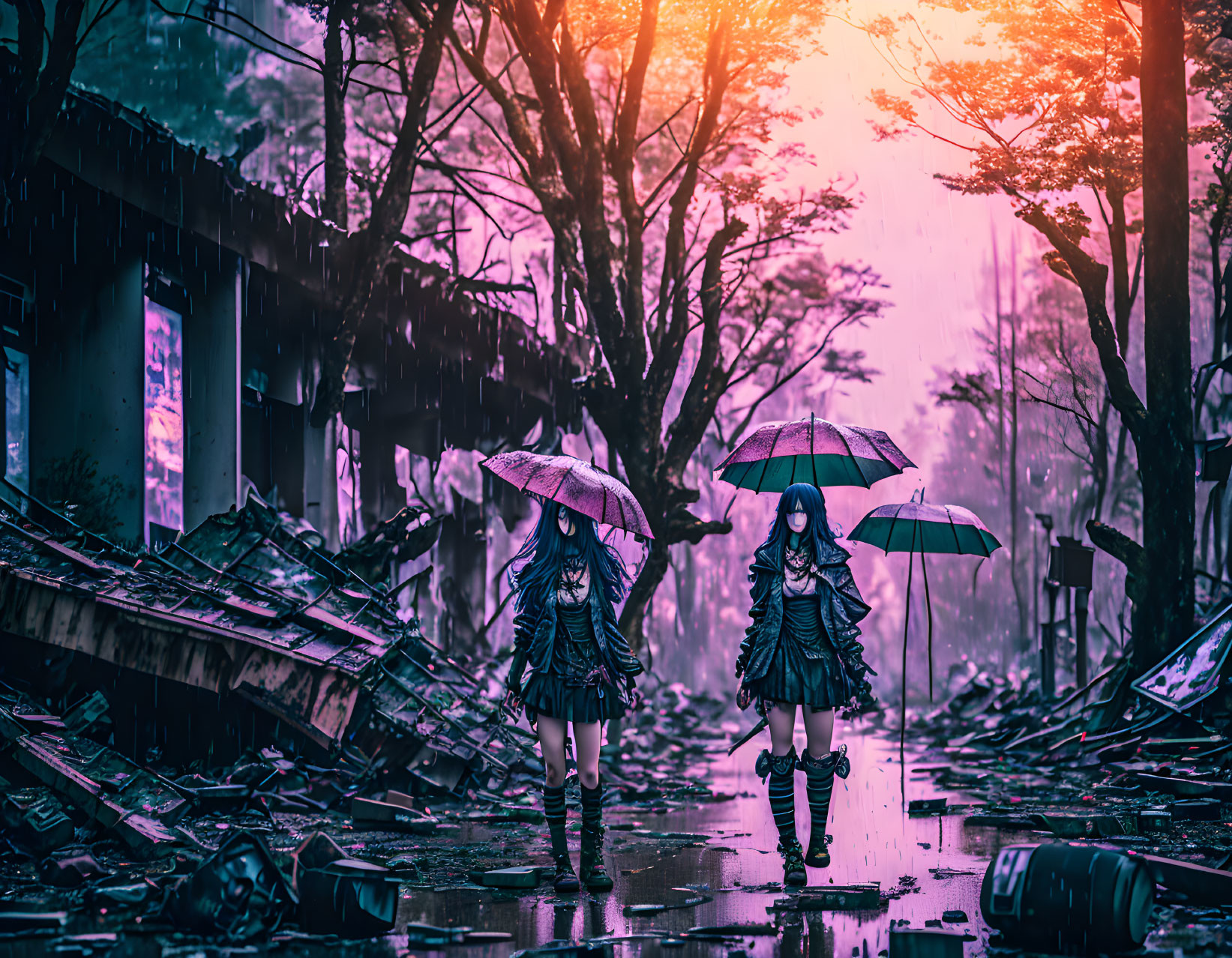 Two people with umbrellas in surreal purple environment.