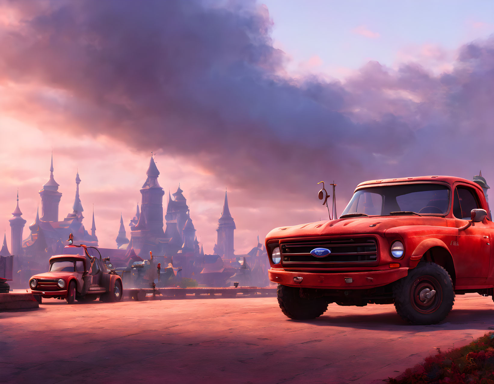 Red vintage truck and character in front of fairy tale castle spires in animated scene