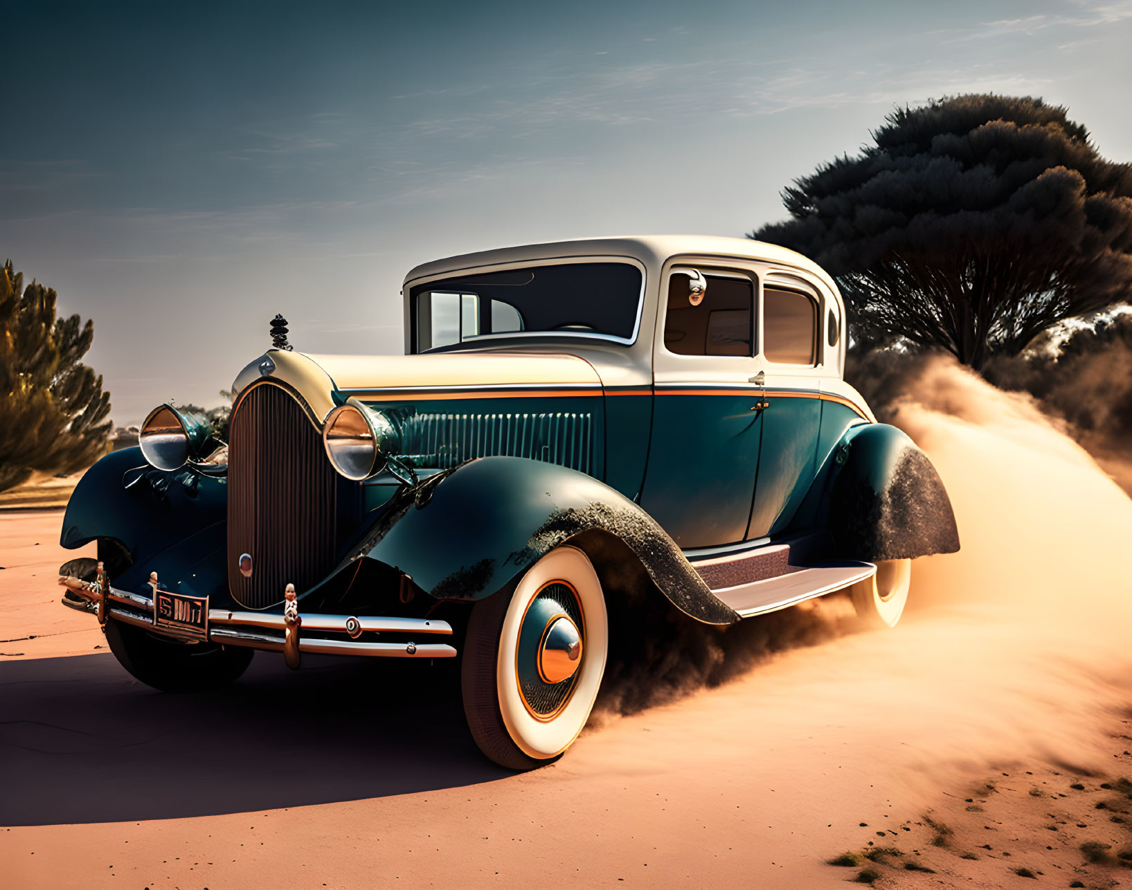 Vintage Black and Teal Classic Car in Desert Landscape