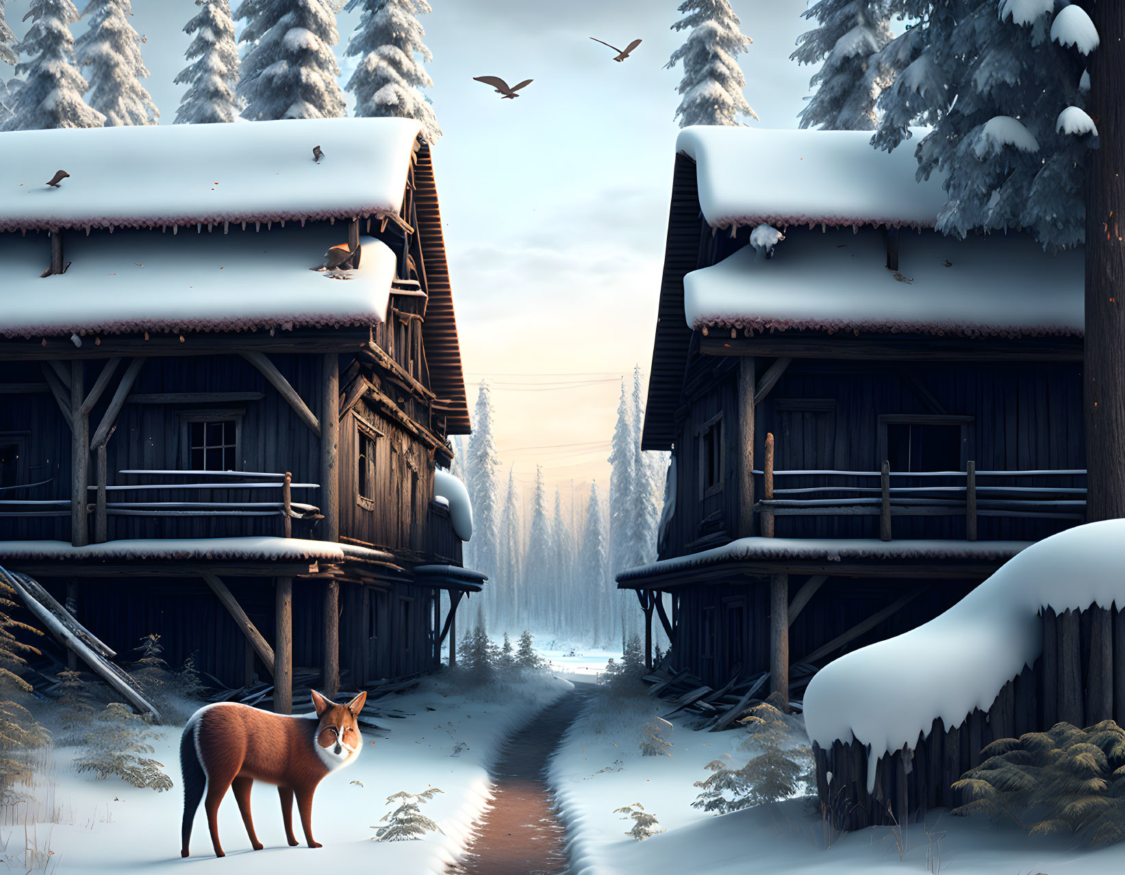 Snow-covered log cabins with wildlife in serene winter forest