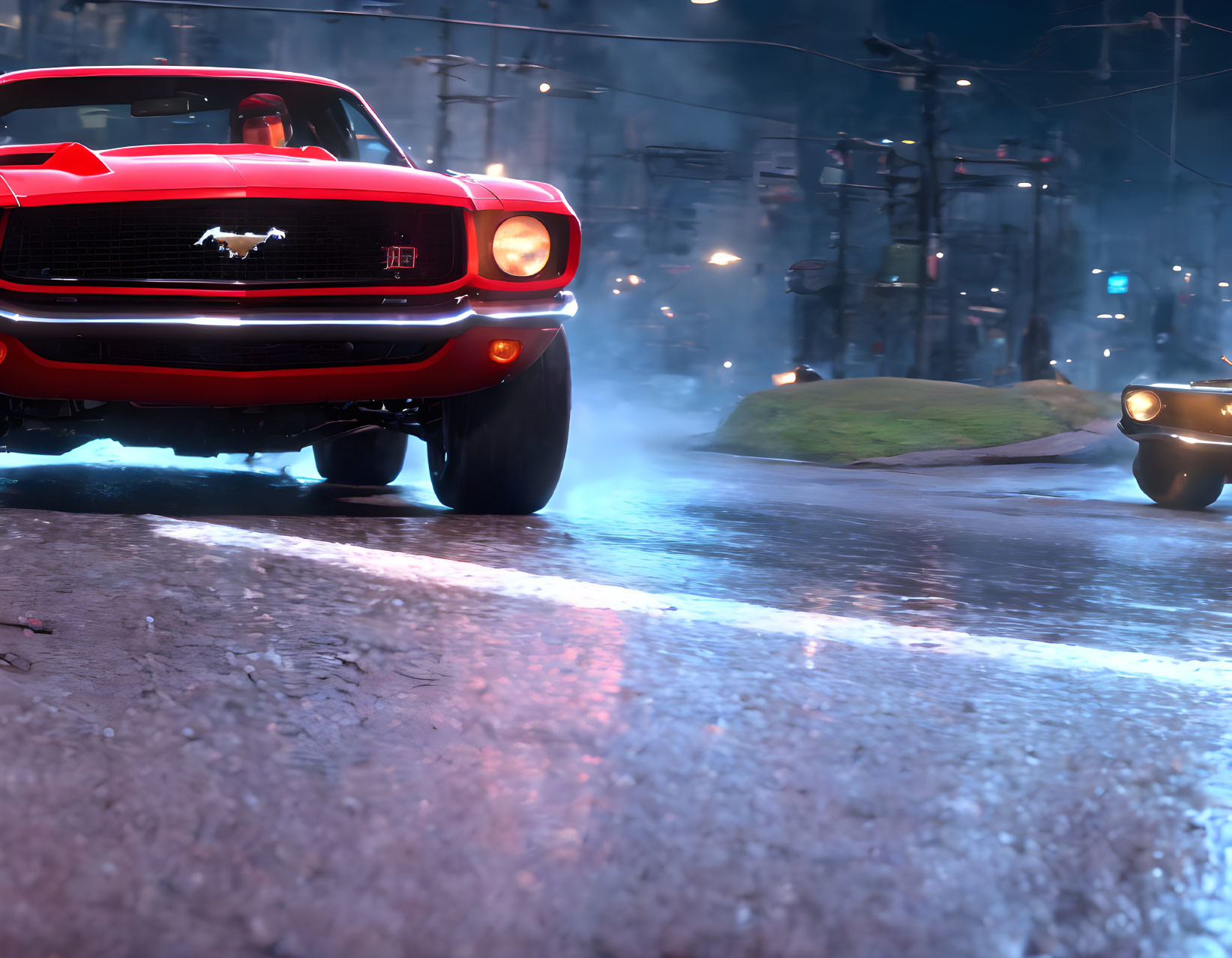 Vintage red Mustang and pursuing car speed through neon-lit urban street at night