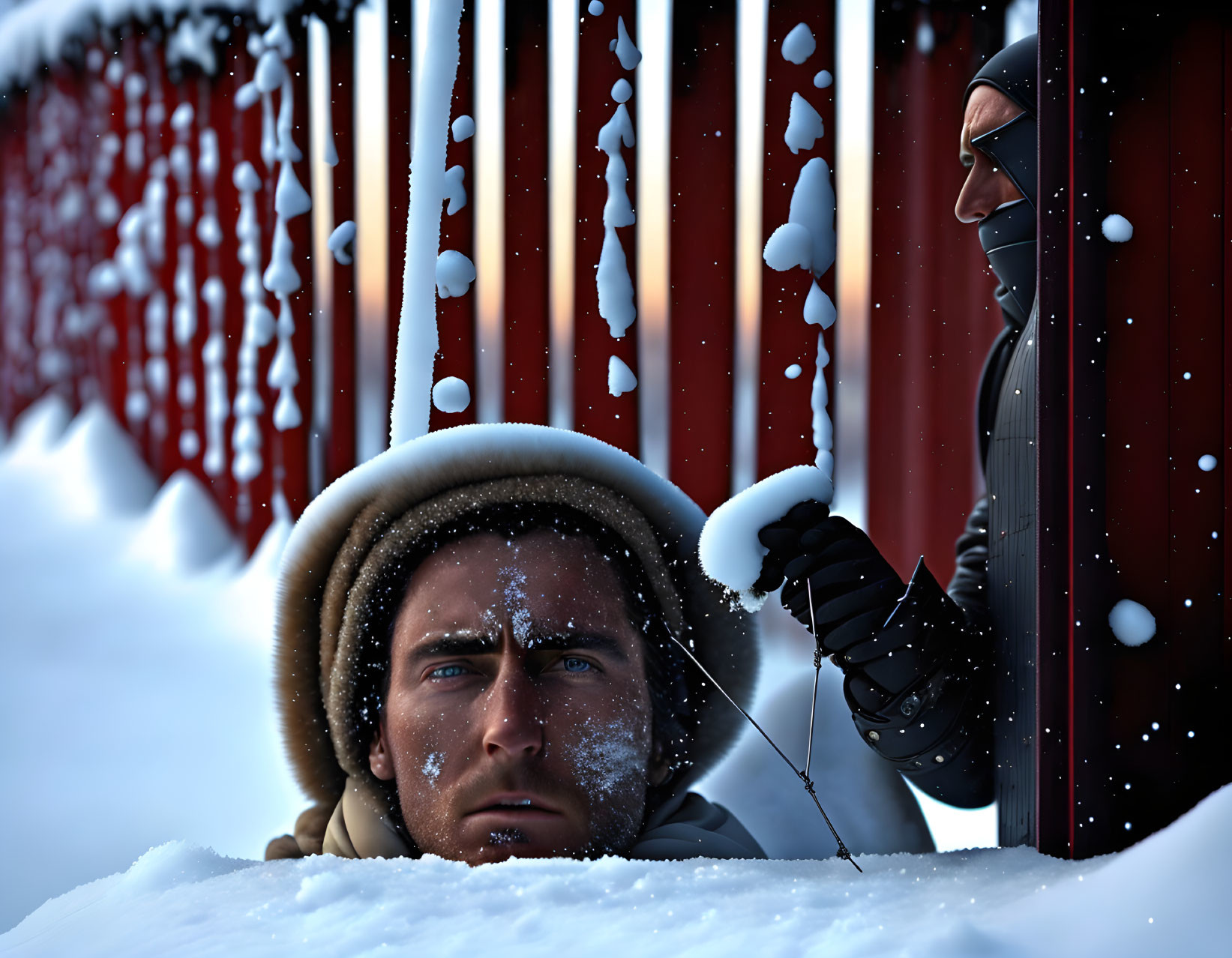 Two individuals in snow: one lying down in fur hat, the other making a snowball behind a