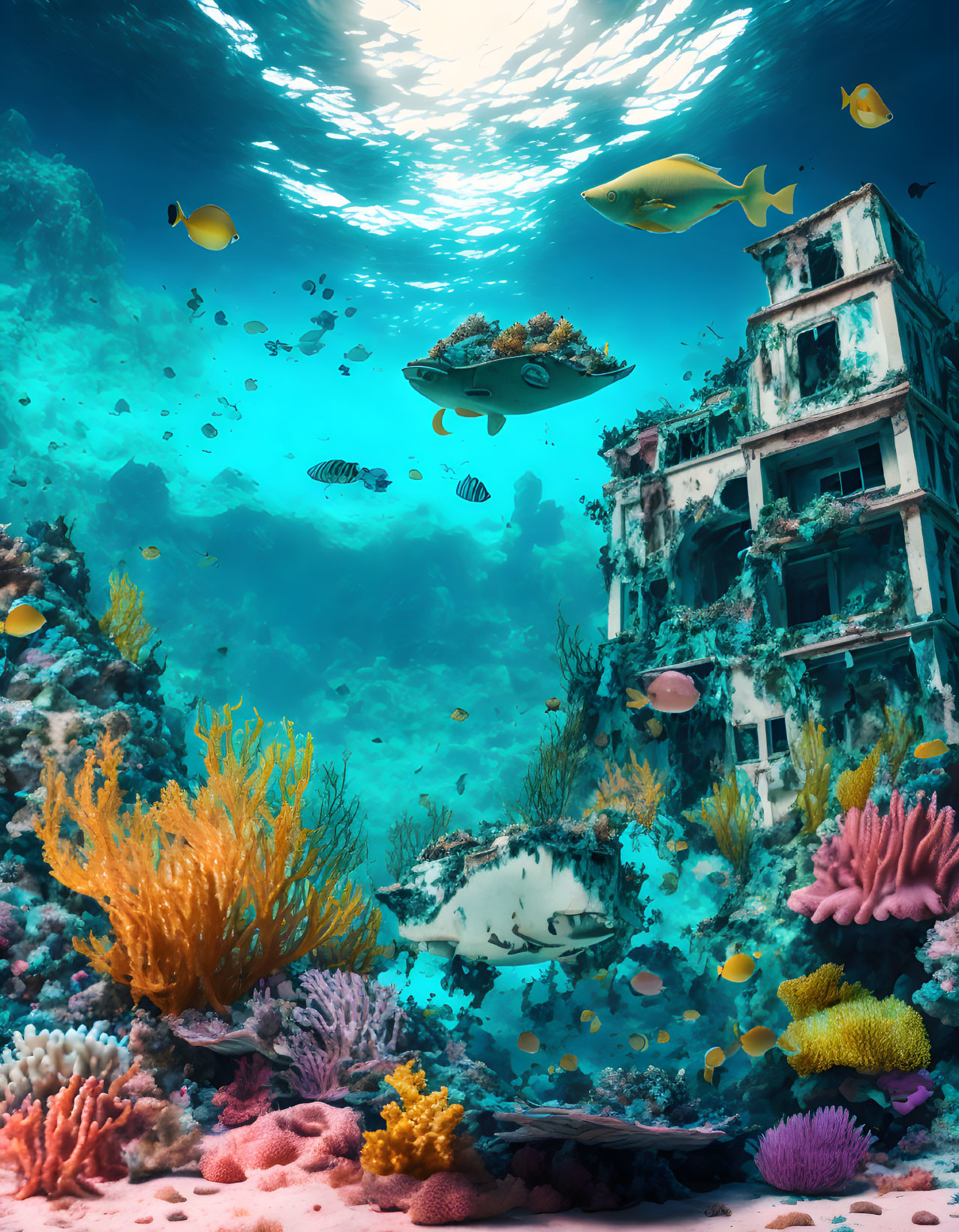 Sunken building amidst vibrant coral reefs and tropical fish in dappled sunlight