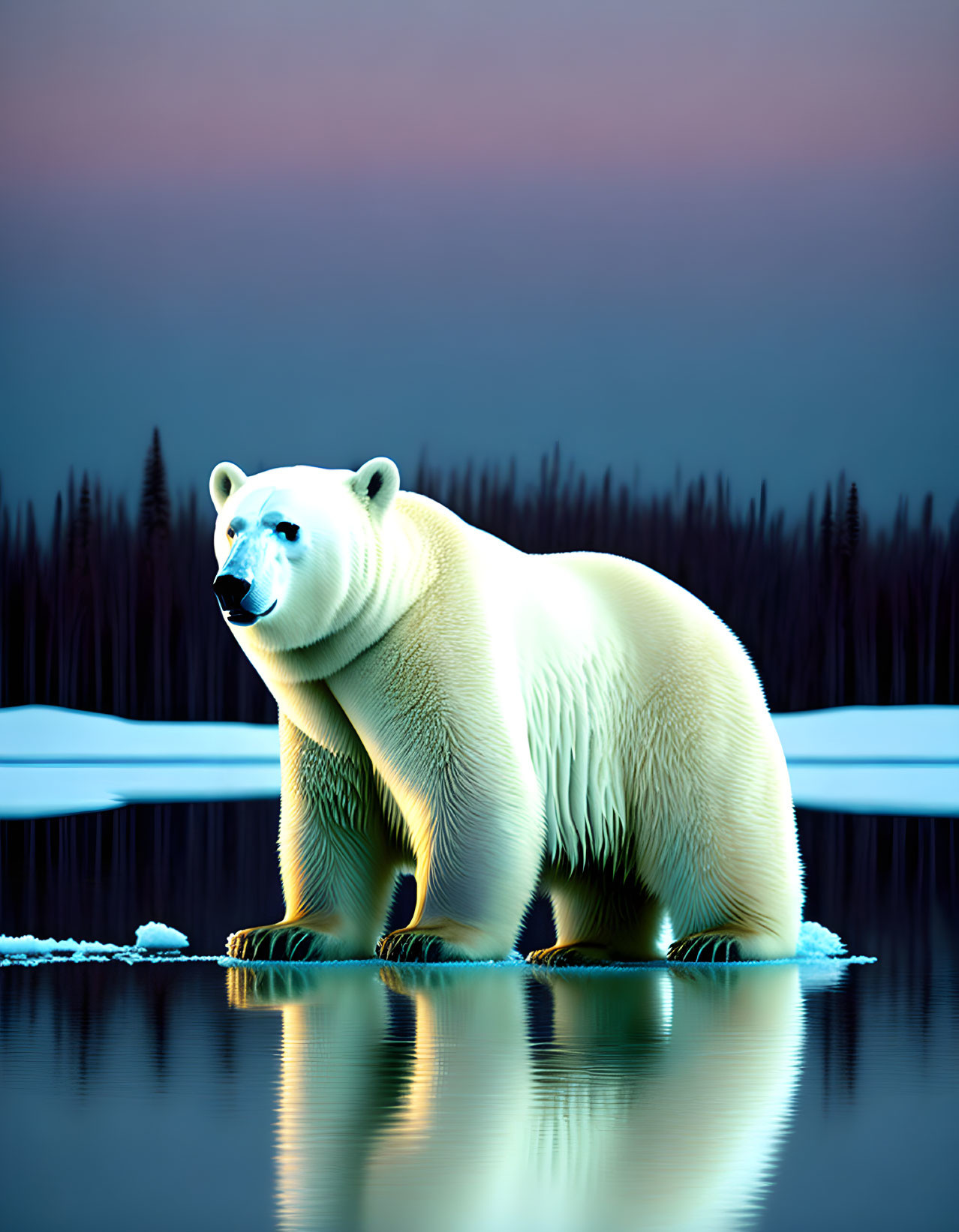 Polar bear on ice floe with twilight sky and forest silhouette