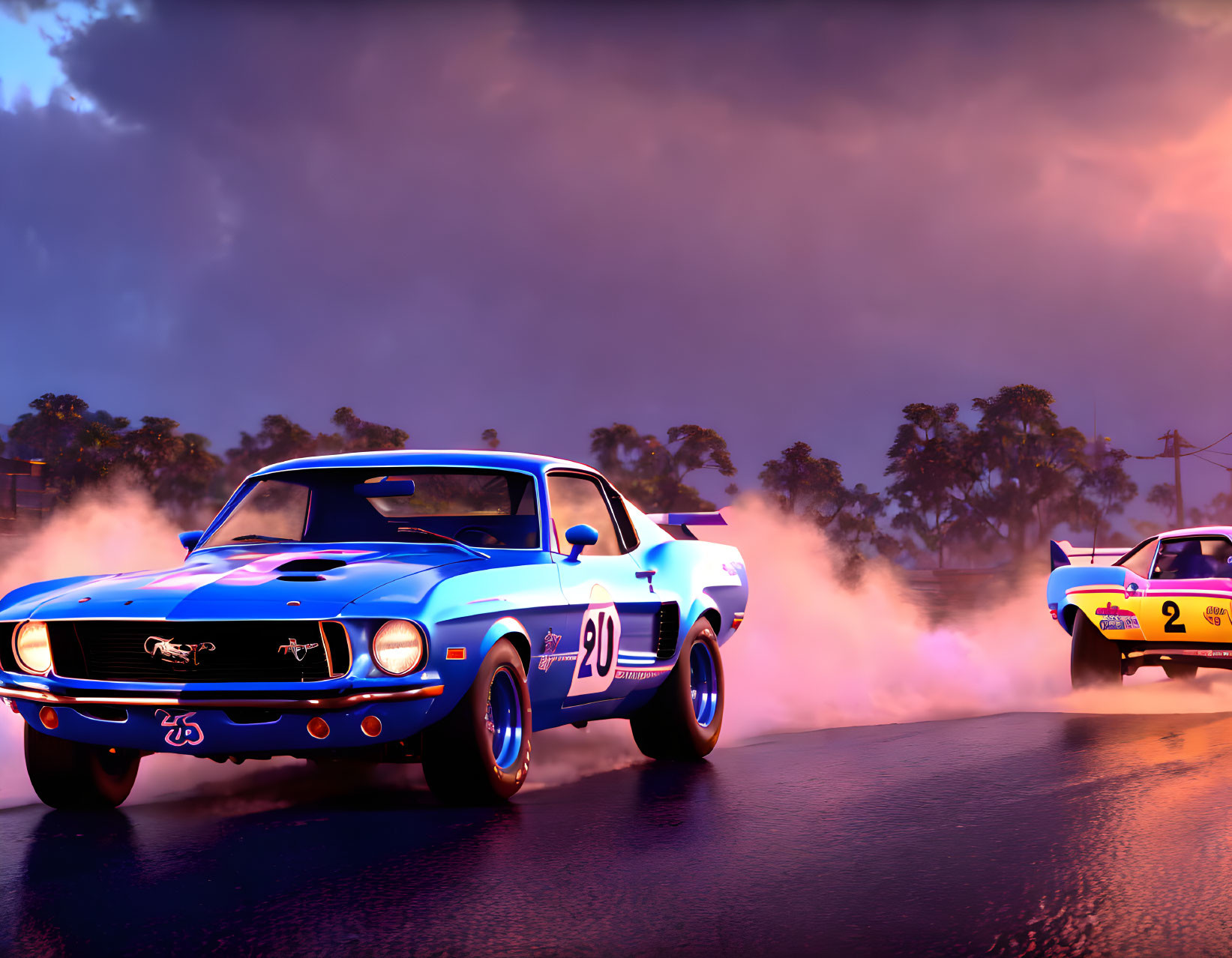 Vintage Muscle Cars Racing at Dusk with Blue Car Emitting Tire Smoke