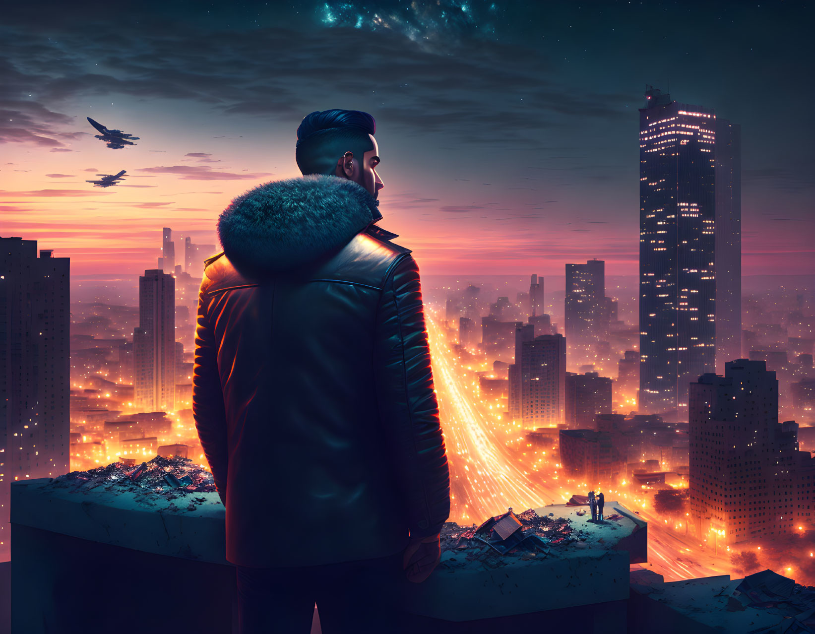 Man in leather jacket gazes at futuristic cityscape at dusk