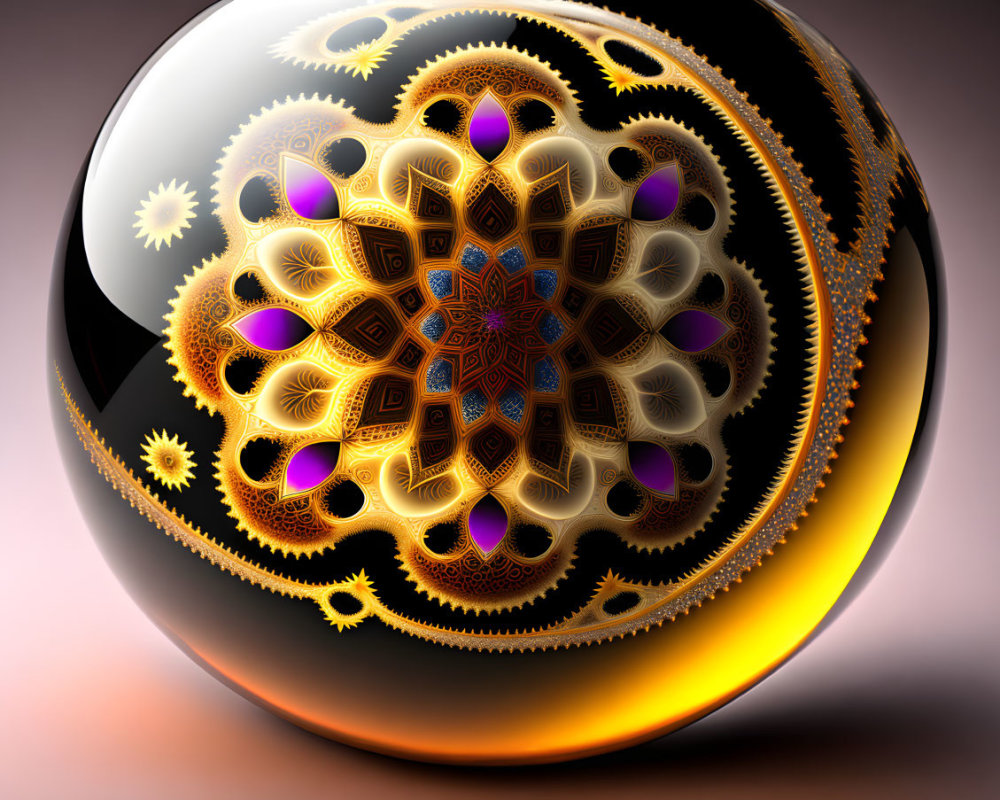 Intricate Gold, White, and Purple Fractal Sphere Artwork