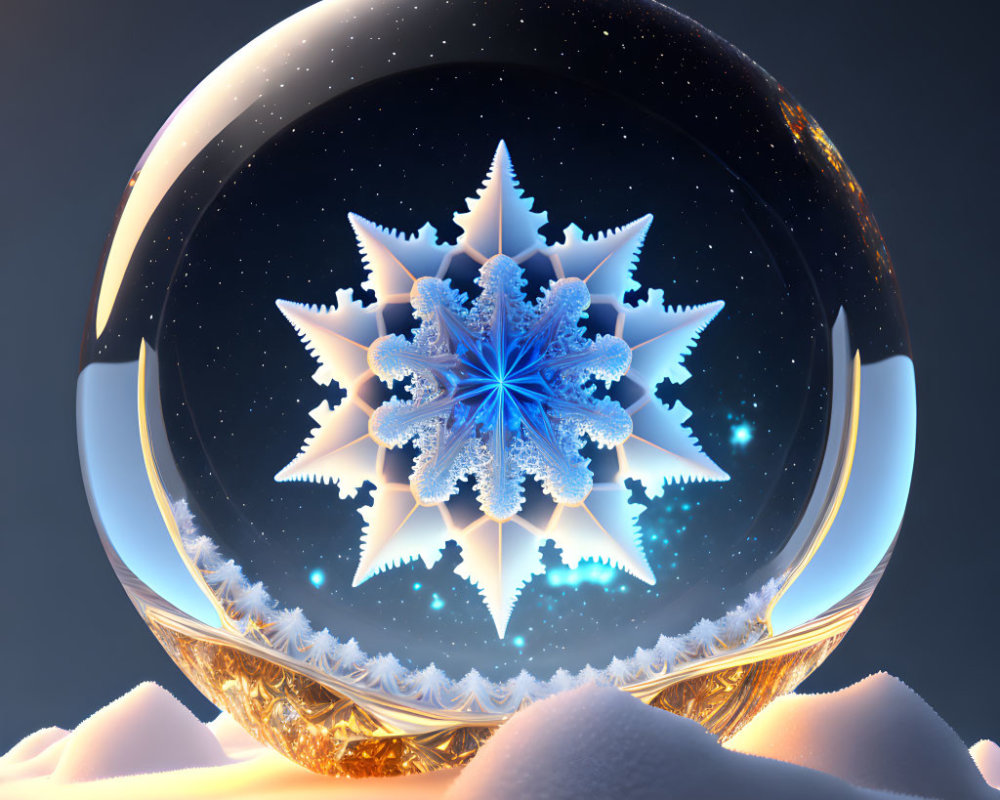 Crystal ball on snowy surface reflecting starry sky with intricate snowflake structure