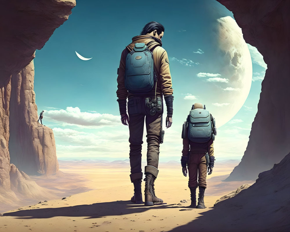 Astronauts in desert canyon with distant figure and large moon