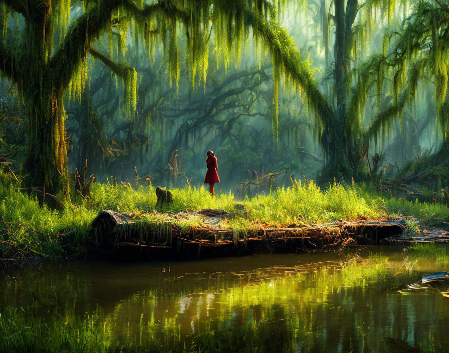 Person in Red Dress Standing on Lush Green Riverbank with Moss-Draped Trees