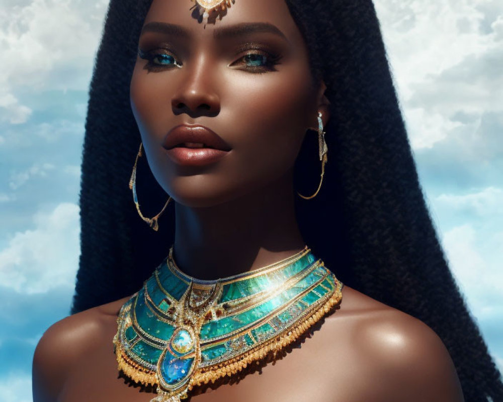 Woman with Striking Makeup and Gold-Turquoise Jewelry on Cloudy Sky