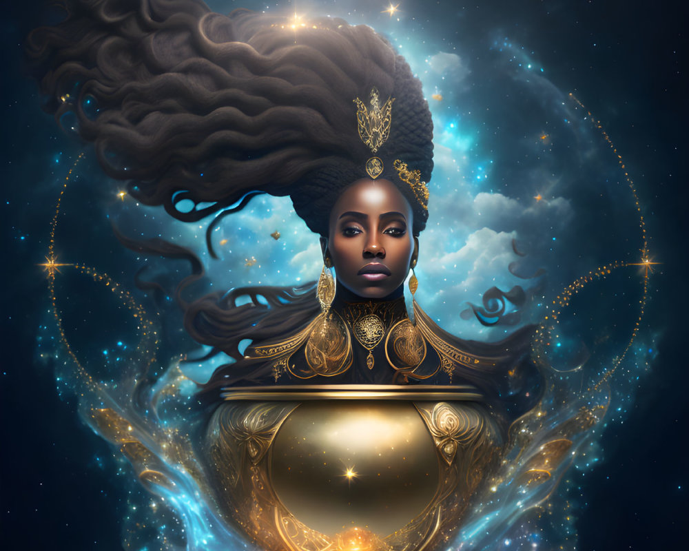 Regal woman adorned with golden jewelry and crown in cosmic setting