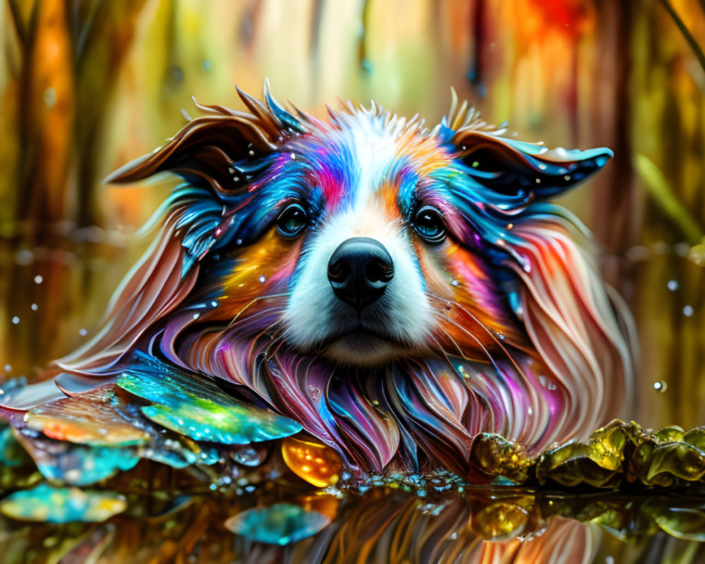 Colorful Dog Artwork: Rainbow Fur in Water with Glossy Leaves