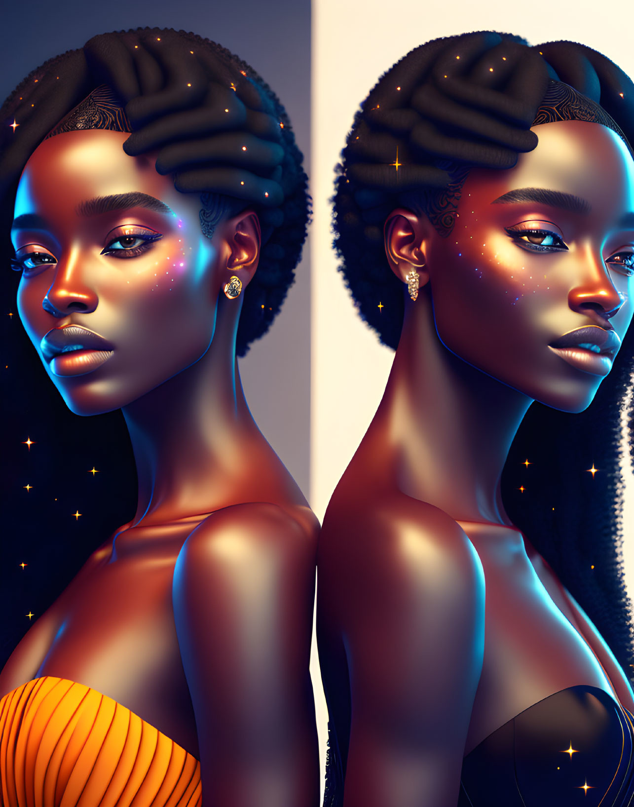 Symmetrical Artistic Depictions of Woman with Glowing Starry Makeup