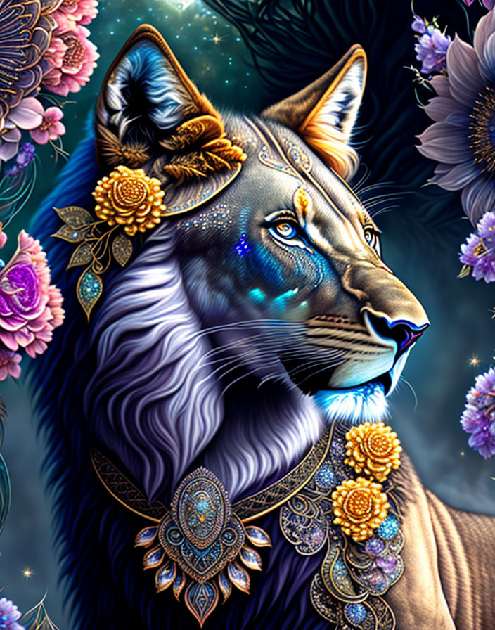 Majestic wolf with blue gaze and golden accents among vibrant flowers