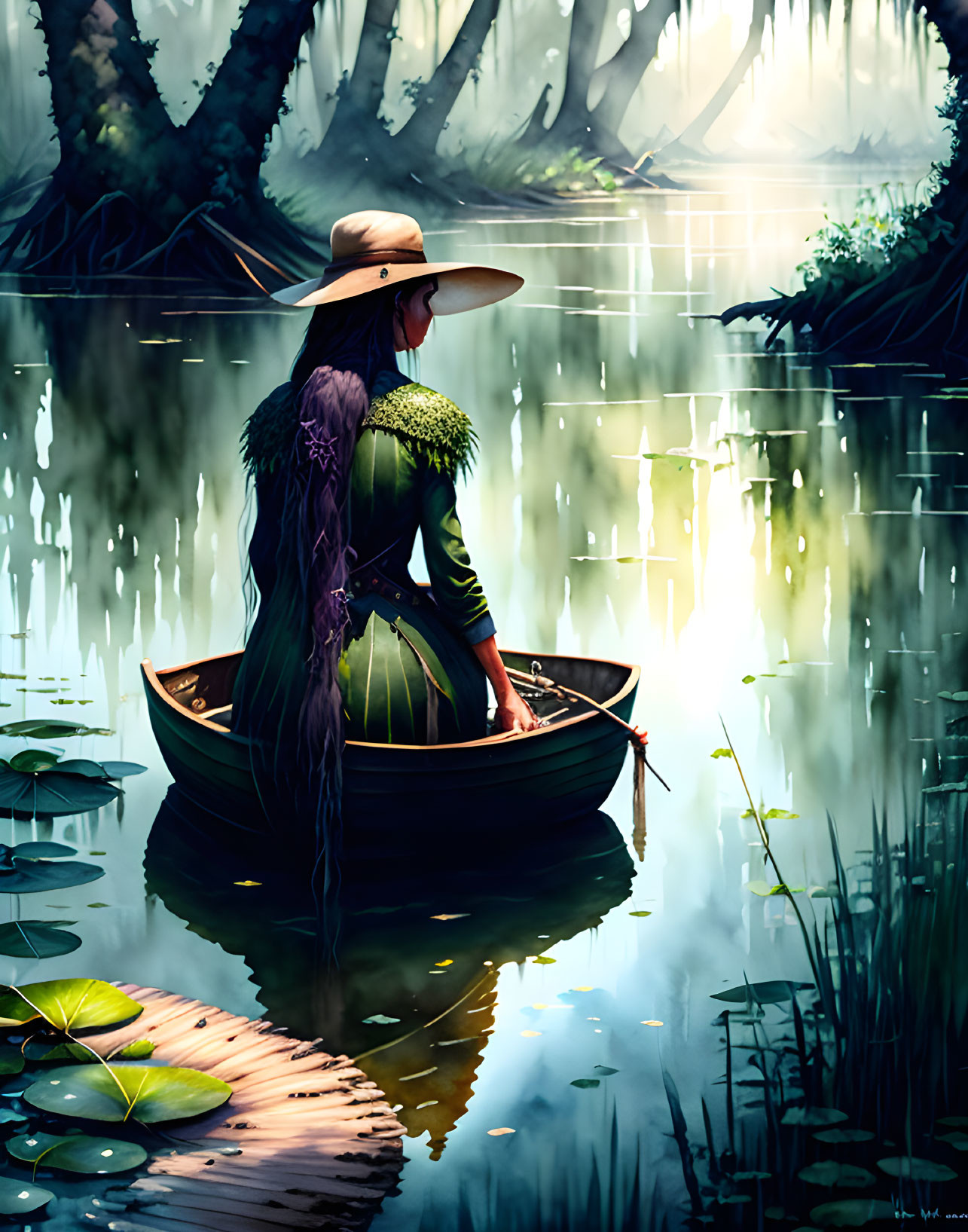 Woman in broad-brimmed hat in boat among water lilies in misty swamp