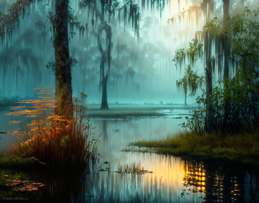 Misty Swamp at Dawn with Sunlight and Reflections