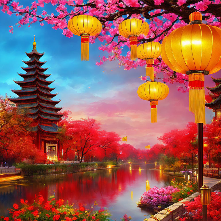 Traditional pagoda by calm river with red lanterns and cherry blossoms under sunset sky