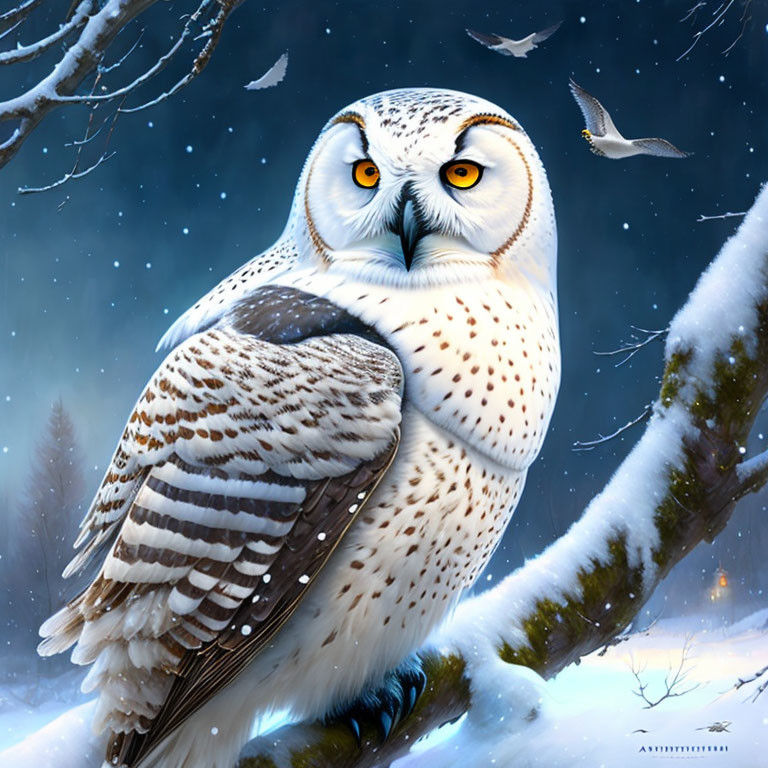 Snowy Owl perched on snowy branch with falling snowflakes in background