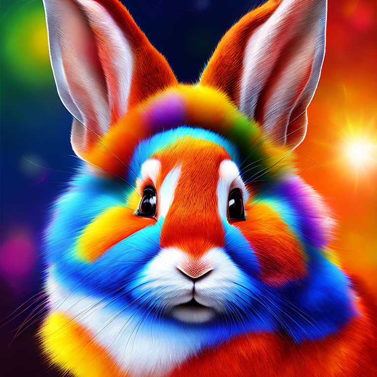 Colorful Rainbow Rabbit Illustration on Multicolored Bokeh Background