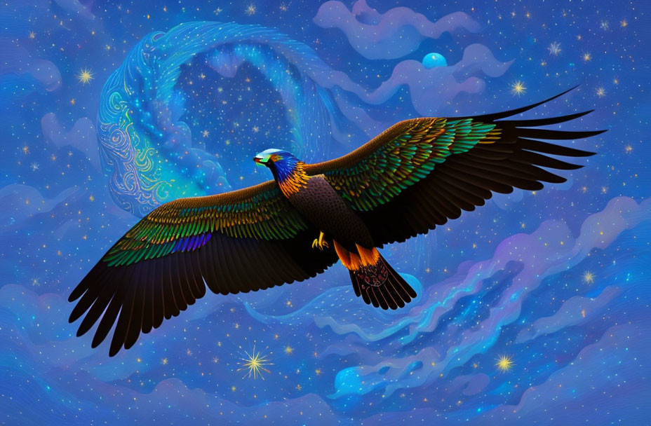 Eagle soaring against starry night sky with galaxies