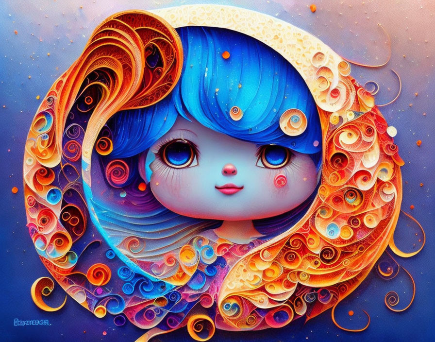 Colorful illustration: stylized character with blue hair and big eyes in ornate golden swirls on