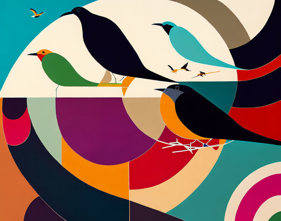 Colorful Abstract Artwork with Stylized Birds in Vibrant Hues