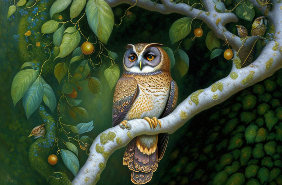 Detailed painting: Brown owl on tree branch with ripe fruits, dense foliage, and smaller owl.