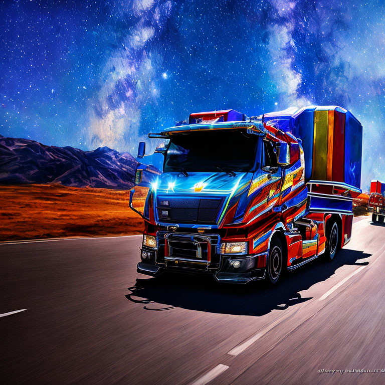 Colorfully Decorated Truck Driving on Highway Under Starry Night Sky