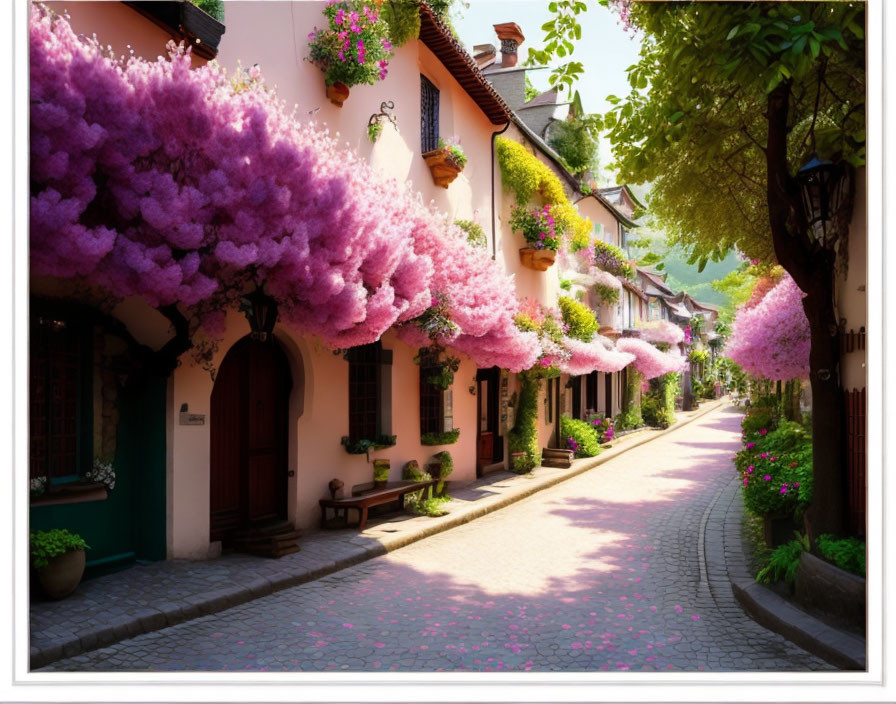 Charming Street with Pink Wisteria-Covered Houses
