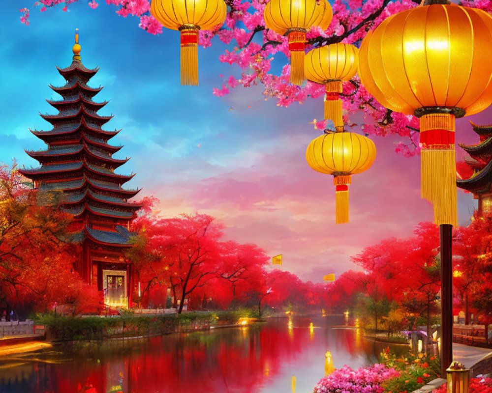 Traditional pagoda by calm river with red lanterns and cherry blossoms under sunset sky