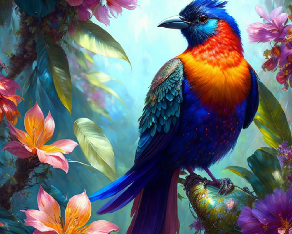 Colorful Bird Among Flowers in Serene Forest