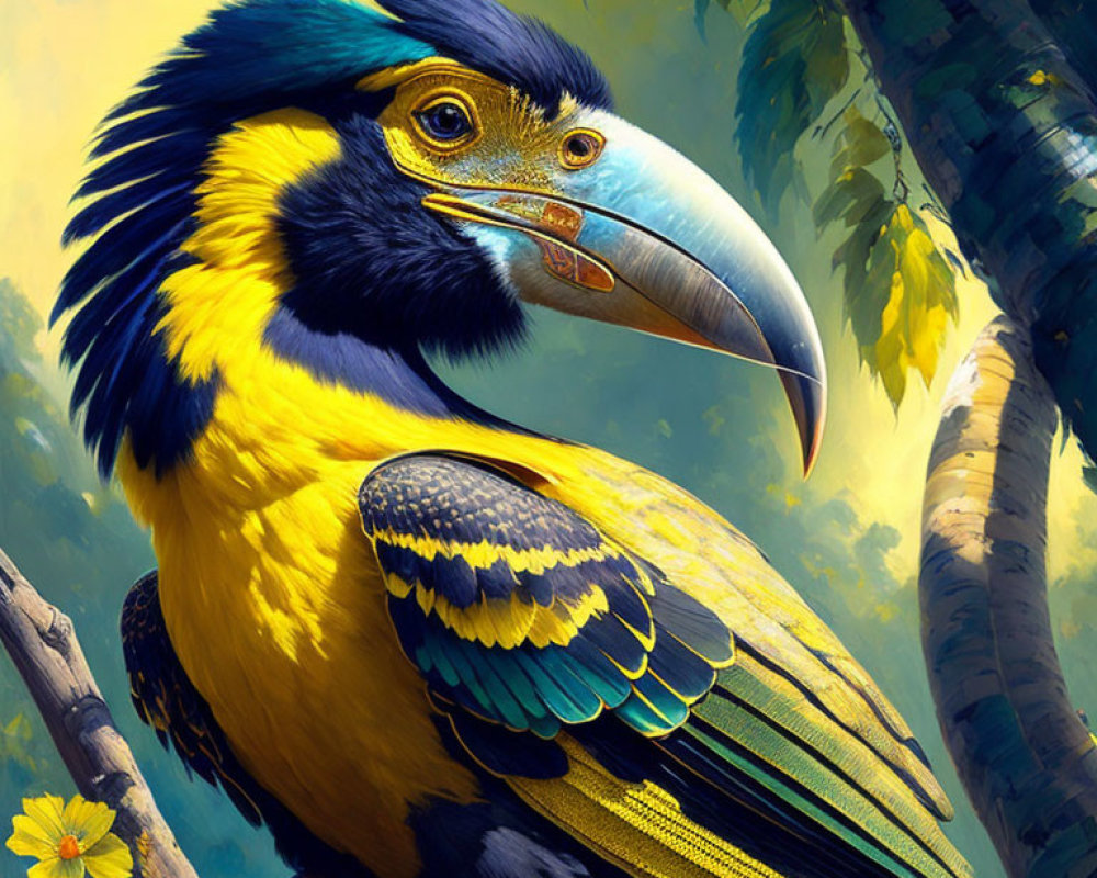 Colorful Toucan Digital Artwork Featuring Yellow and Blue Feathers on Branch