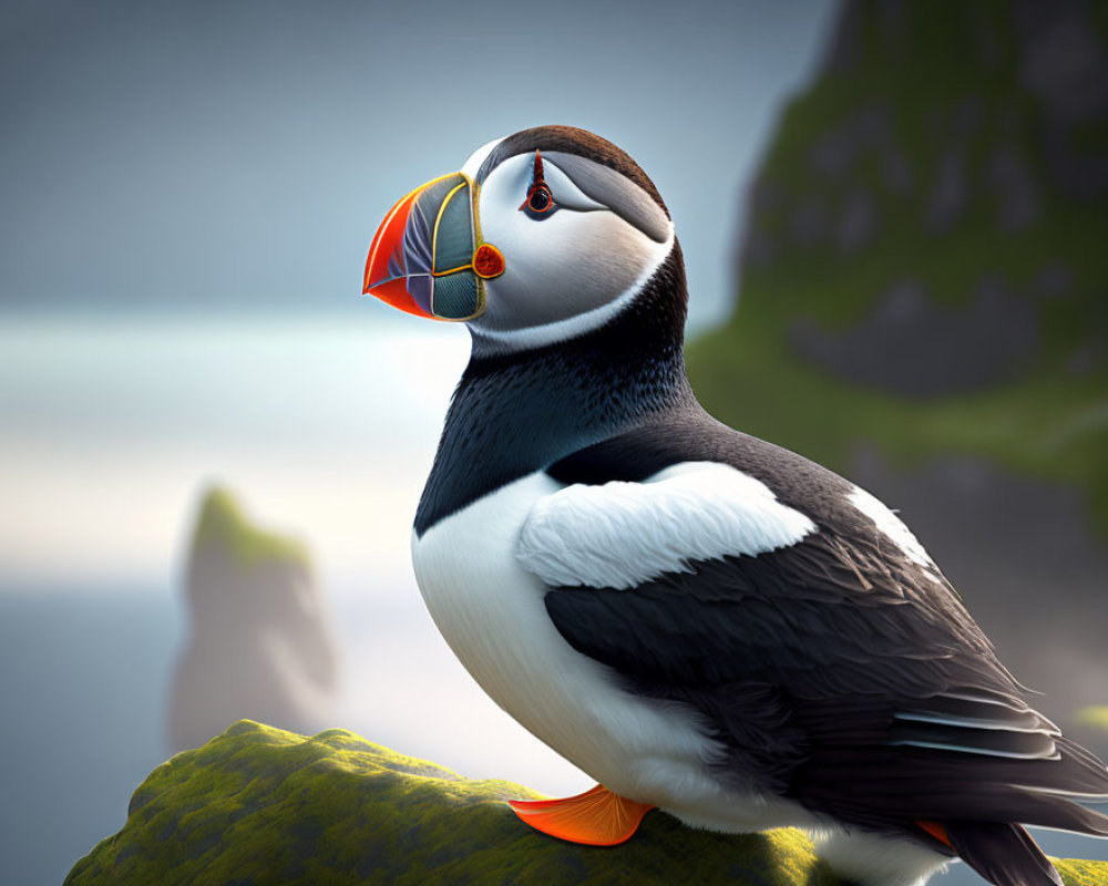 Vibrant Atlantic Puffin on Mossy Cliff with Cloudy Sky