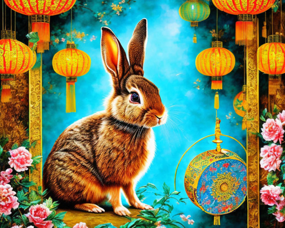 Colorful Rabbit Illustration with Chinese Lanterns and Peonies