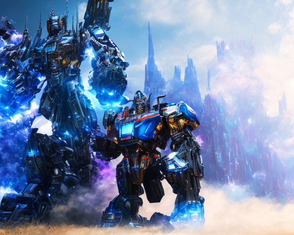 Futuristic robotic humanoid warriors on dusty battleground with blue energy highlights