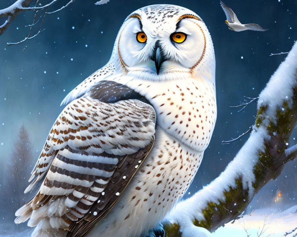 Snowy Owl perched on snowy branch with falling snowflakes in background