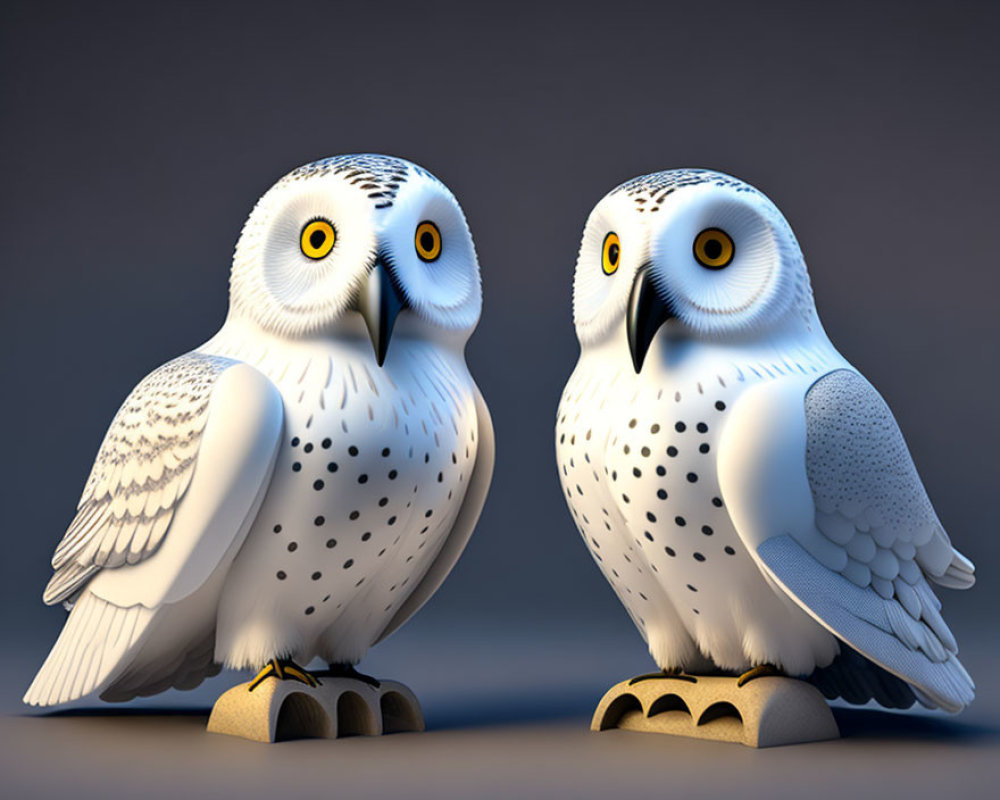 Pair of animated snowy owls with expressive eyes on neutral background