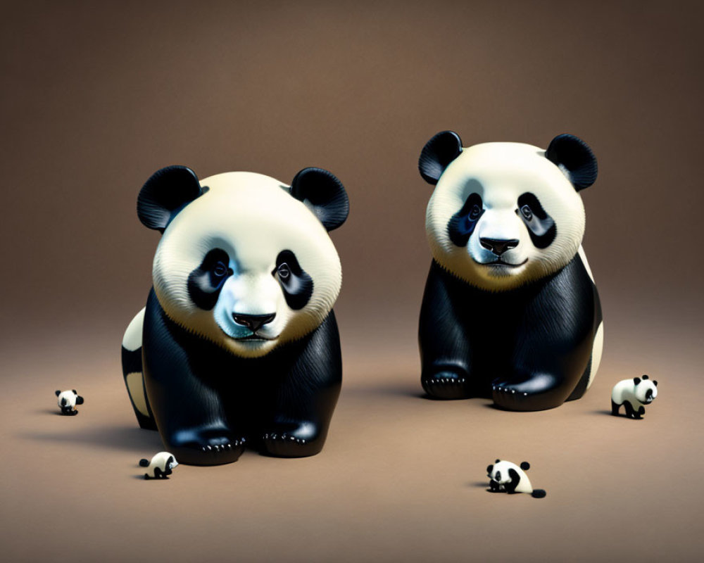 Stylized Panda Figures with Exaggerated Features on Brown Background