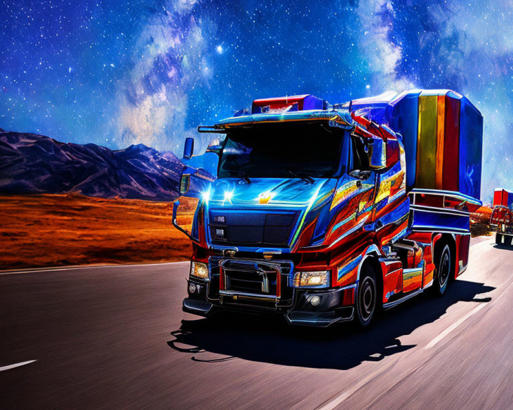 Colorfully Decorated Truck Driving on Highway Under Starry Night Sky