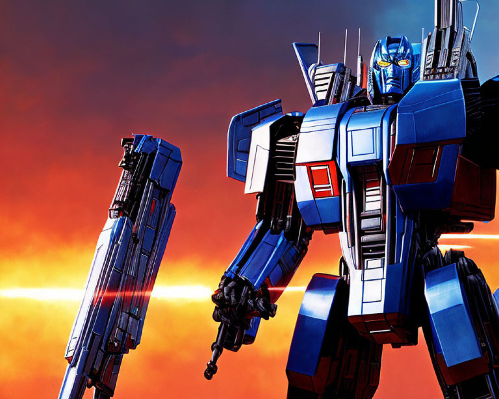 Large Blue and Silver Robot with Flying Spacecraft in Fiery Sky