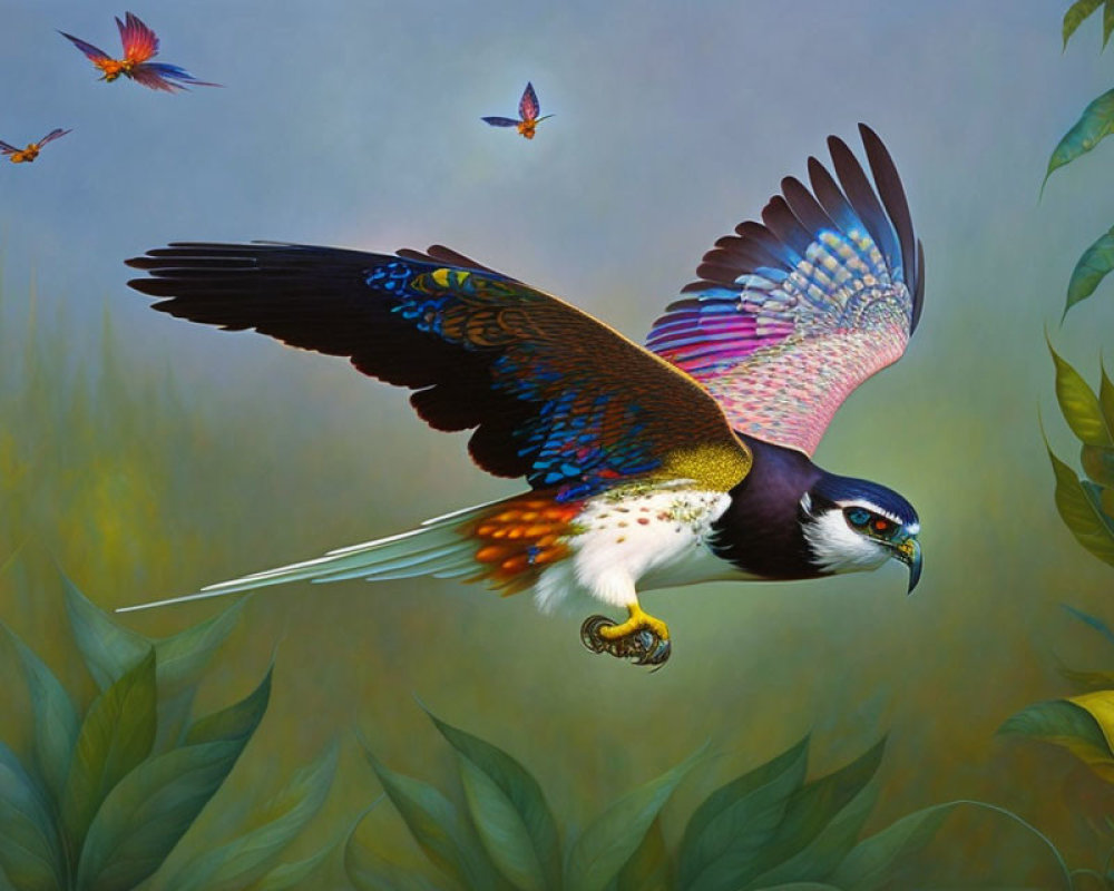 Colorful Hawk Painting with Detailed Feathers and Birds in Green Foliage