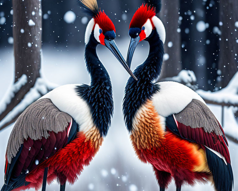 Pair of Grey Crowned Cranes in Snowy Scene with Beaks Touching