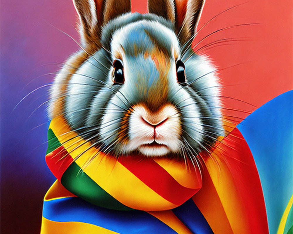 Colorful rabbit illustration with flowing scarf on red and blue backdrop