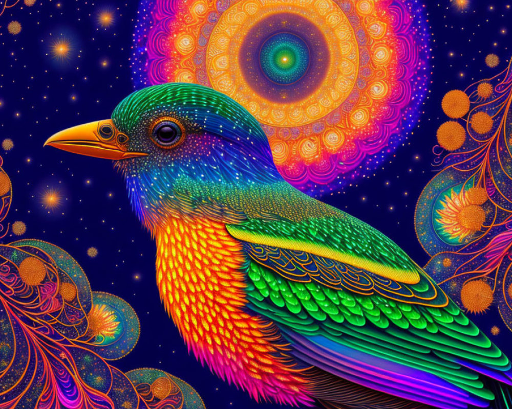 Colorful Bird Artwork with Cosmic Background and Mandala Designs