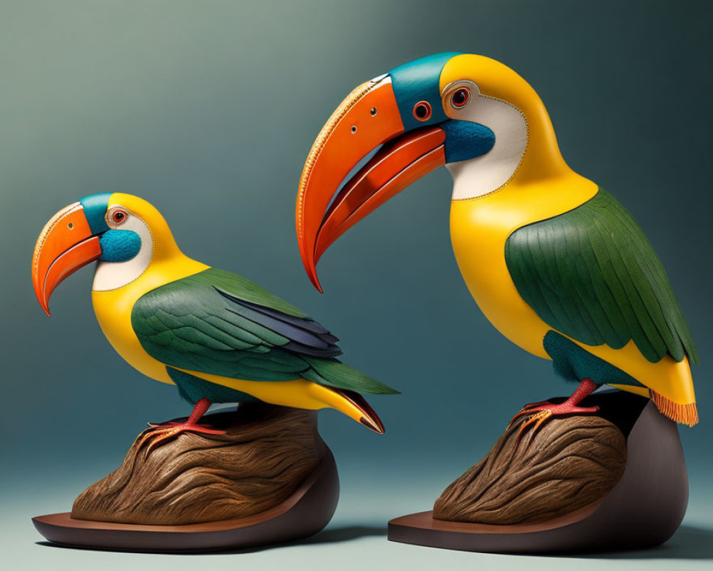 Colorful Toucan Figurines on Brown Bases Against Teal Background