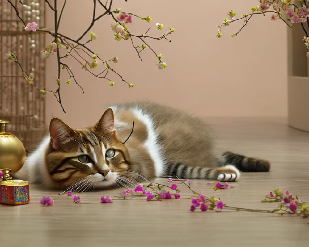 Tabby Cat Resting Near Cherry Blossoms and Vases on Wooden Surface